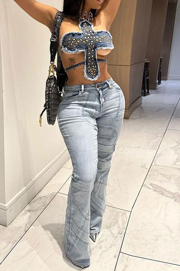 Rivet Design Unique Irregular Denim Camisole
