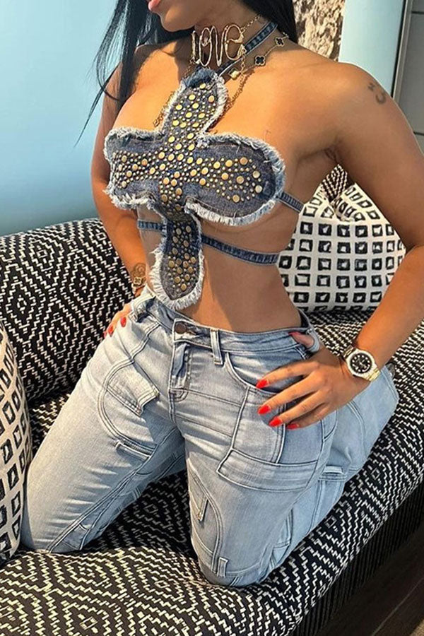 Rivet Design Unique Irregular Denim Camisole