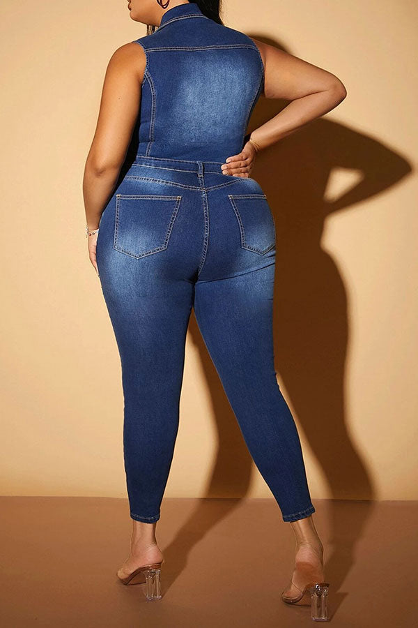 Ripped Classic Button Down Denim Jumpsuit