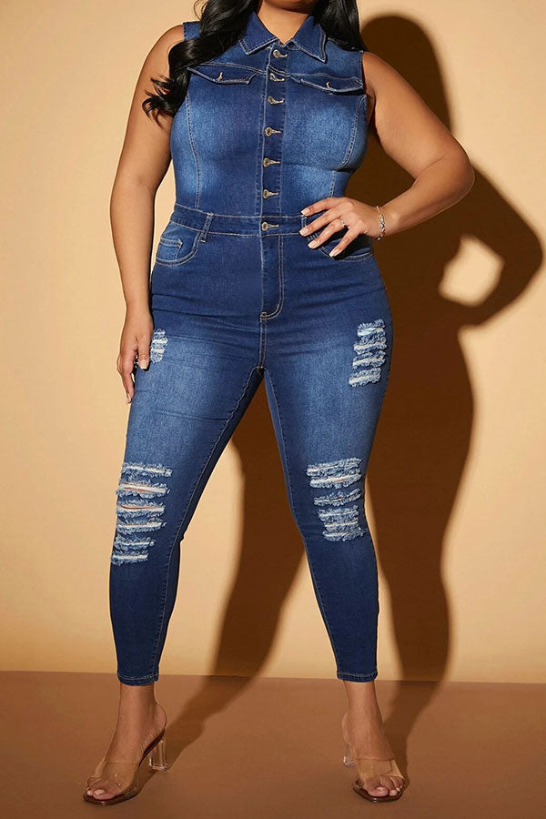 Ripped Classic Button Down Denim Jumpsuit