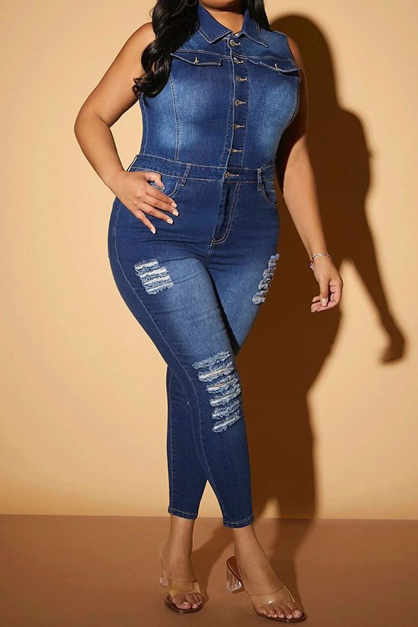 Ripped Classic Button Down Denim Jumpsuit