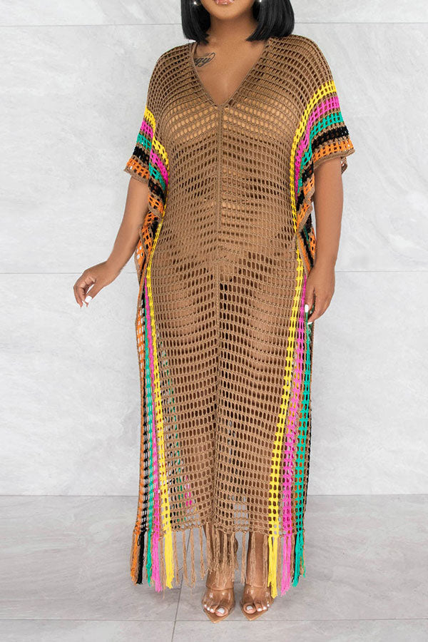 Color Block Crochet Beachy Side Split Tassel Hem Beachwear