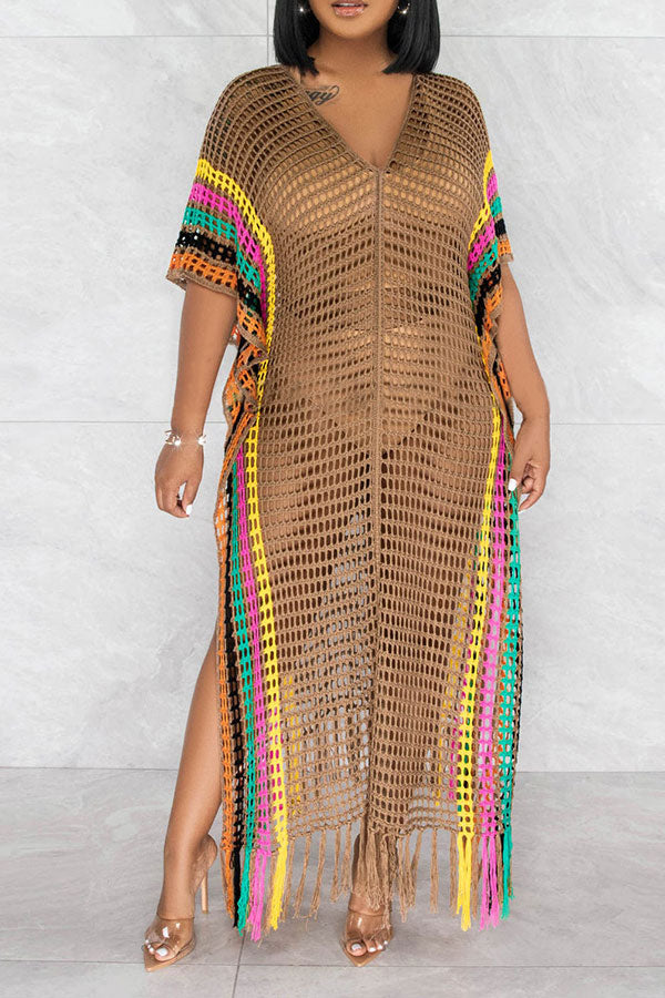 Color Block Crochet Beachy Side Split Tassel Hem Beachwear