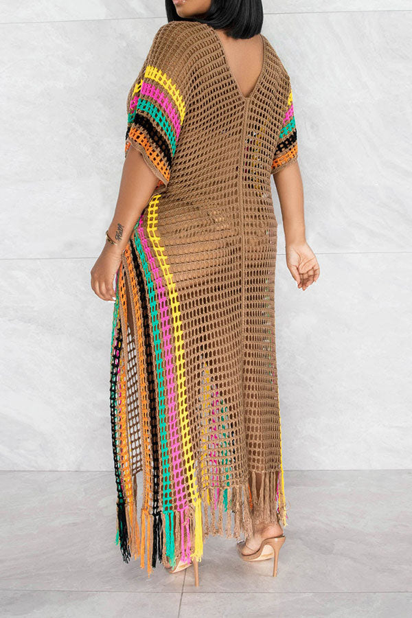 Color Block Crochet Beachy Side Split Tassel Hem Beachwear
