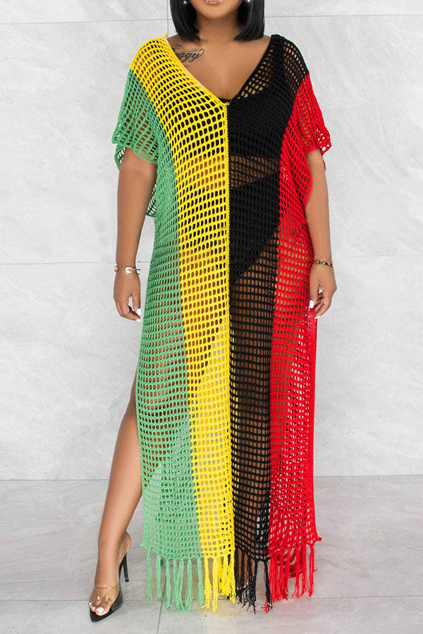 Color Block Crochet Beachy Side Split Tassel Hem Beachwear