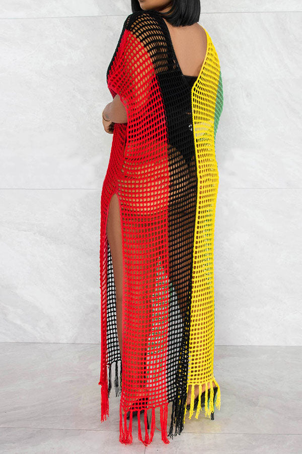 Color Block Crochet Beachy Side Split Tassel Hem Beachwear