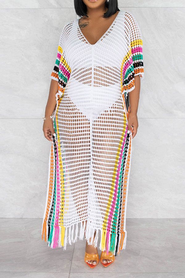 Color Block Crochet Beachy Side Split Tassel Hem Beachwear