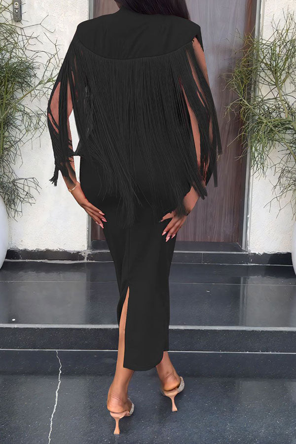 Solid Color Unique Tassel Shawl Design Midi Dress