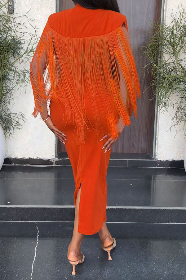 Solid Color Unique Tassel Shawl Design Midi Dress
