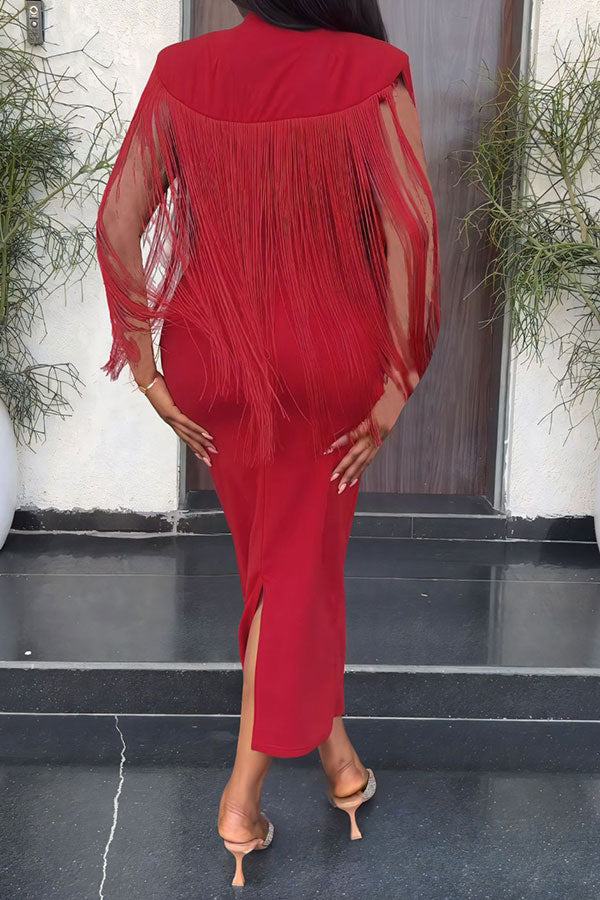 Solid Color Unique Tassel Shawl Design Midi Dress