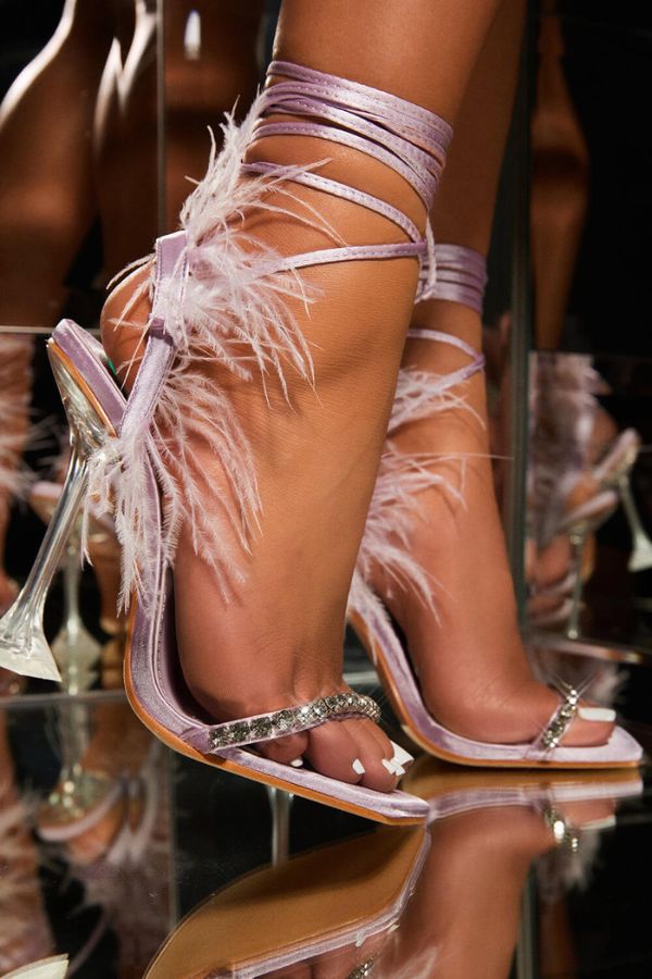 Rhinestone Strap Rocking Feather Trim Strappy Sandals