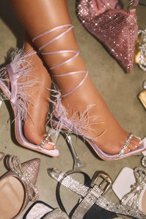Rhinestone Strap Rocking Feather Trim Strappy Sandals