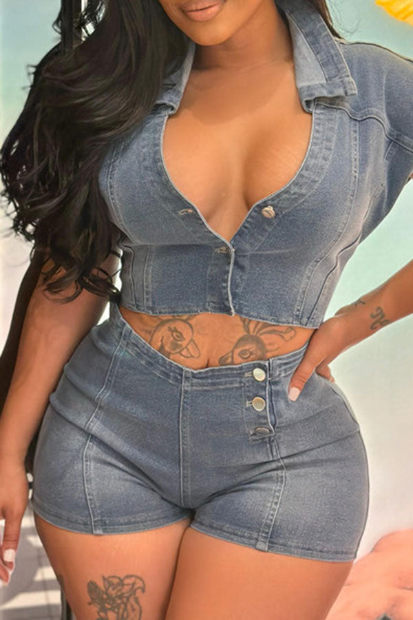 Solid Color Chic Cutout Waist Denim Romper