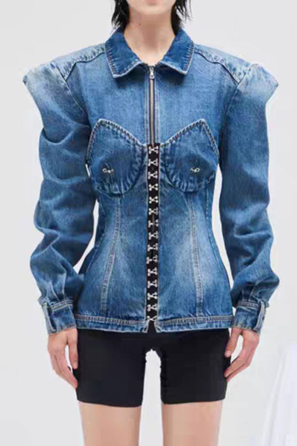 Patchwork Gothic Hook And Eye Detail Denim Coat