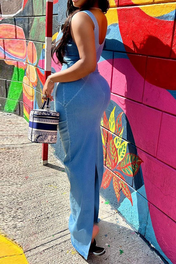 Solid Color Simple Split Back Denim Maxi Dress
