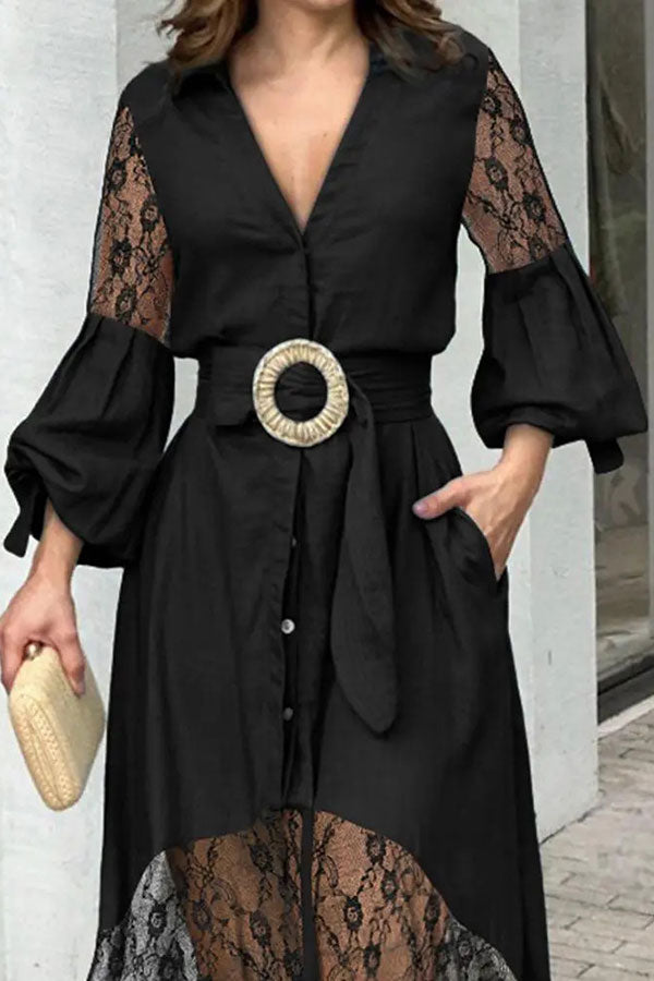 Lace Patchwork Stylish Belted High Low Midi Dress