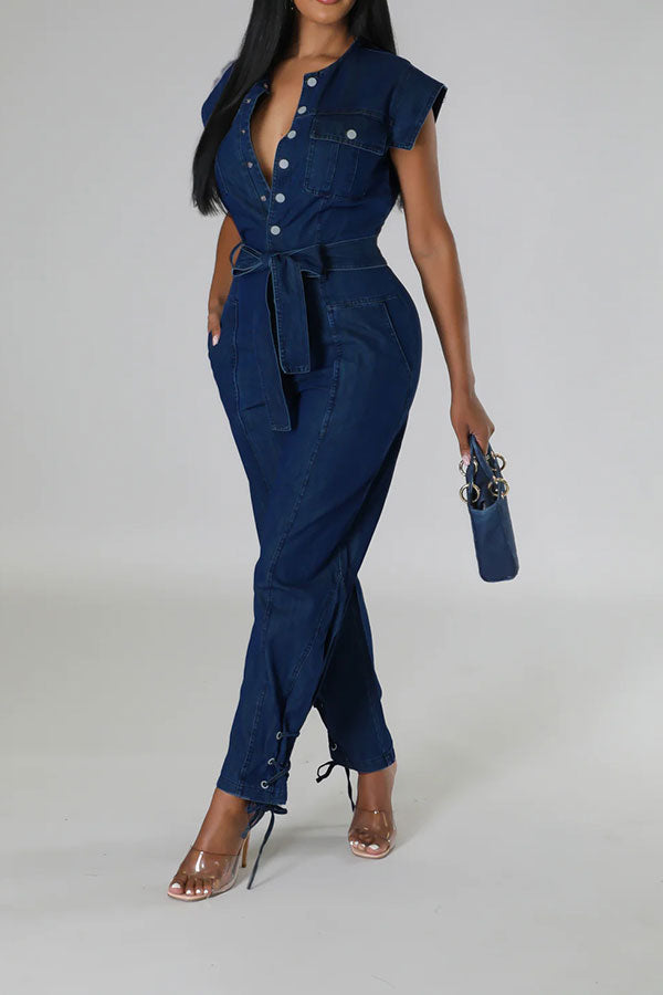 Solid Color On-trend Strappy Belted Denim Jumpsuit