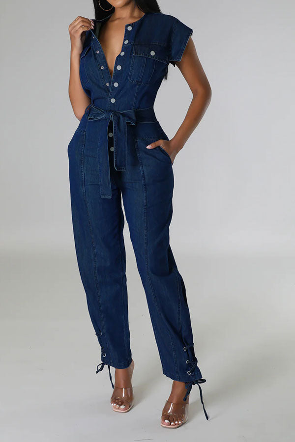 Solid Color On-trend Strappy Belted Denim Jumpsuit
