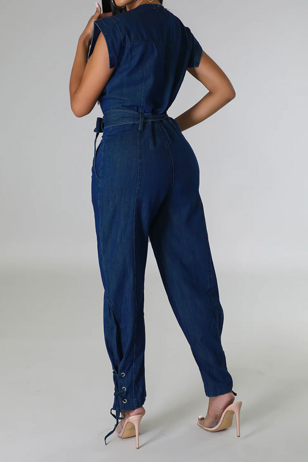 Solid Color On-trend Strappy Belted Denim Jumpsuit