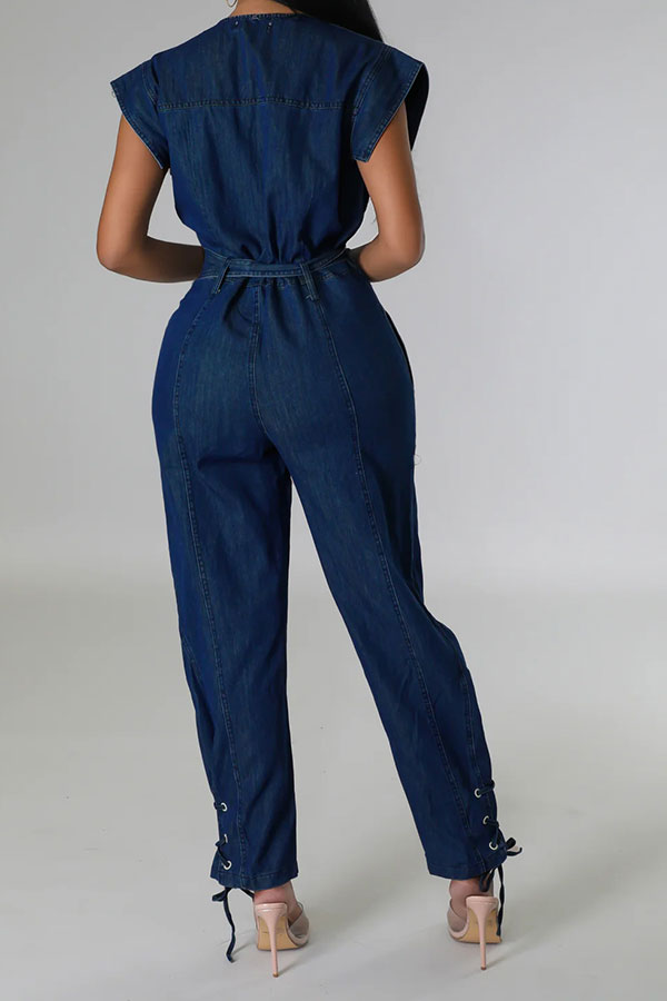 Solid Color On-trend Strappy Belted Denim Jumpsuit