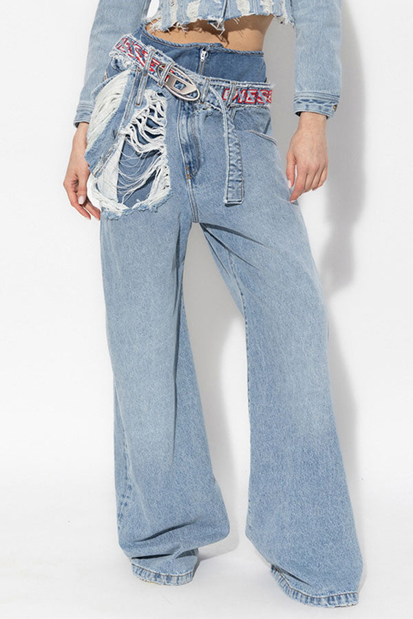 Patchwork High Waist Hippy Ripped Belted Jeans