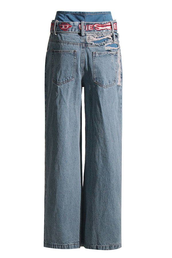 Patchwork High Waist Hippy Ripped Belted Jeans