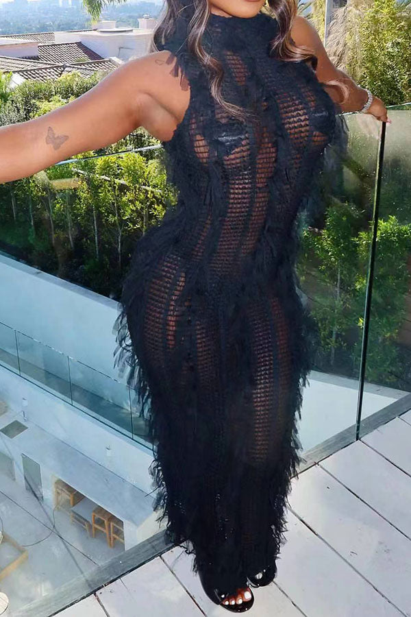 Solid Color Whimsical Tassel Knitted Midi Dress