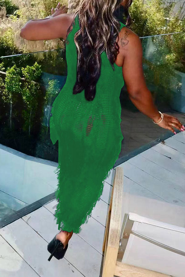 Solid Color Whimsical Tassel Knitted Midi Dress