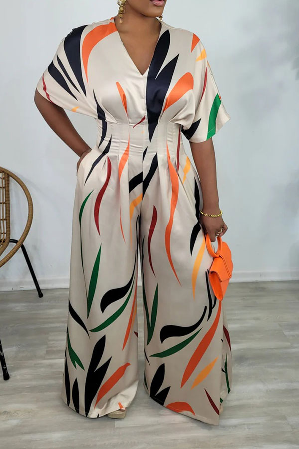 Colorful Striped V Neck Wide Leg Jumpsuit