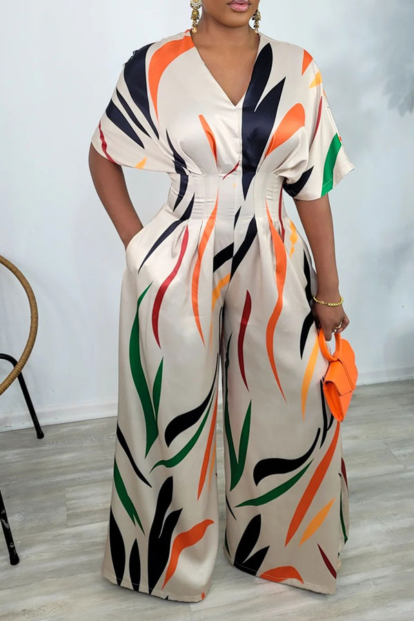 Colorful Striped V Neck Wide Leg Jumpsuit