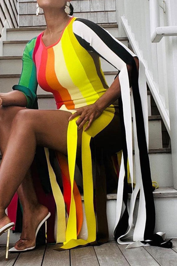 Color Block Dramatic Tassel Midi Dress