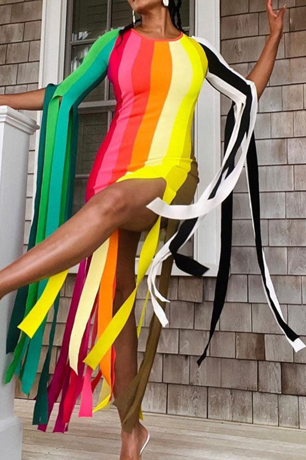 Color Block Dramatic Tassel Midi Dress