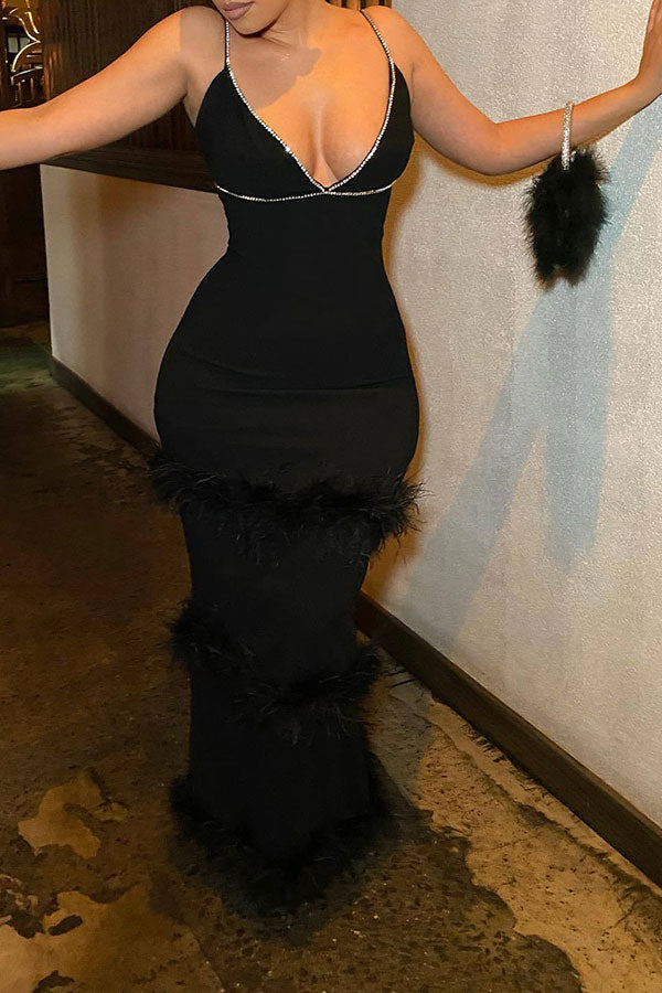 Feather Design Elegant Rhinestone Trim Maxi Dress