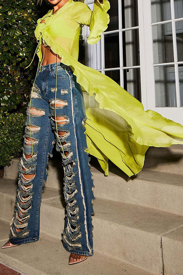 Ripped Burrs Stylish Micro Flared Jeans