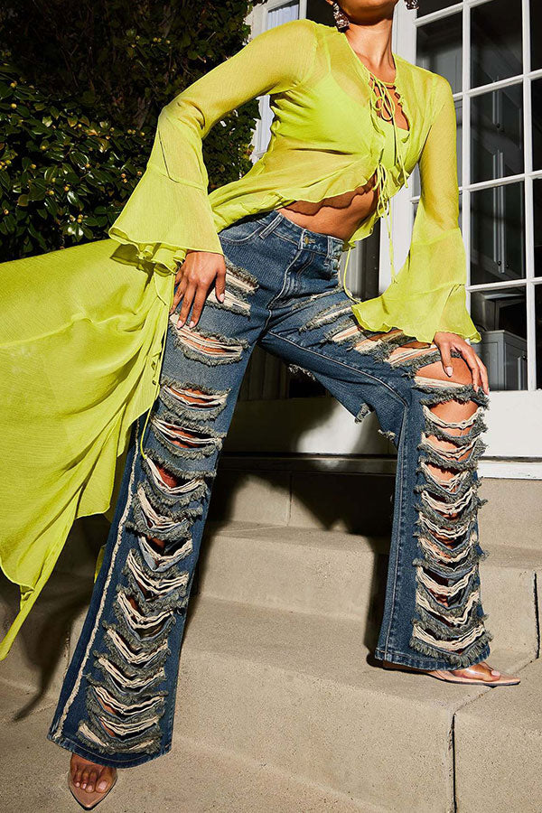 Ripped Burrs Stylish Micro Flared Jeans