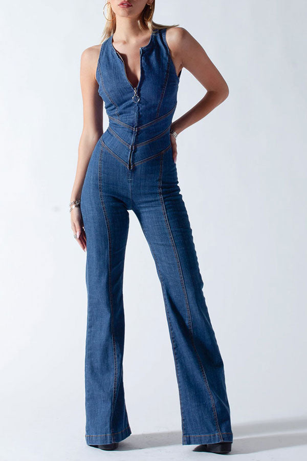Solid Color Urban Open Back Denim Jumpsuit