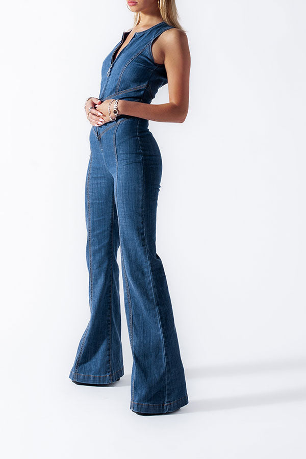 Solid Color Urban Open Back Denim Jumpsuit