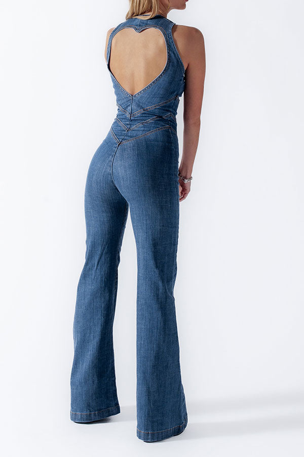 Solid Color Urban Open Back Denim Jumpsuit