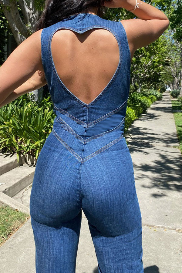 Solid Color Urban Open Back Denim Jumpsuit