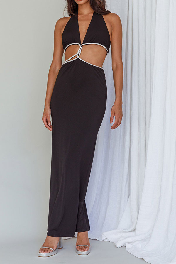 Rhinestone Patchwork Flattering Cutout Maxi Dress