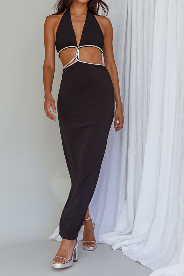 Rhinestone Patchwork Flattering Cutout Maxi Dress