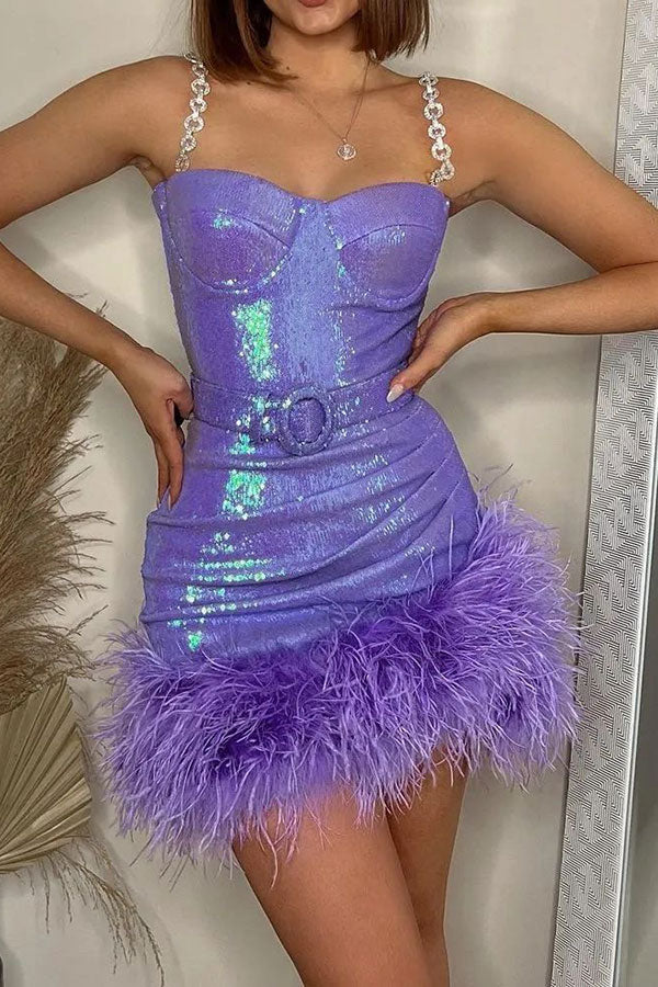 Sequined Luxe Feather Hem Belted Mini Dress