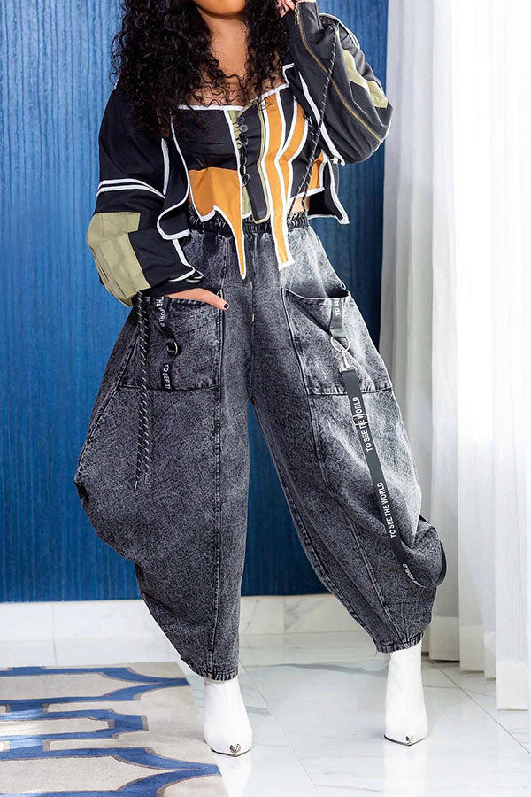 Ribbons Decor Pocket Dramatic Jeans