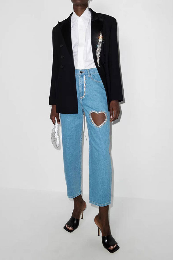 Blue Rhinestone Heart Decor Sweet Jeans