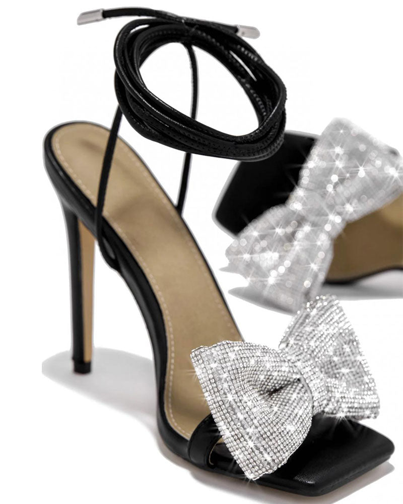 Rhinestone Bow Stunning Square Toe Sandals