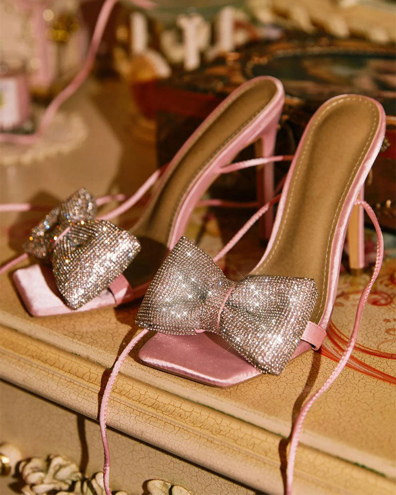 Rhinestone Bow Stunning Square Toe Sandals