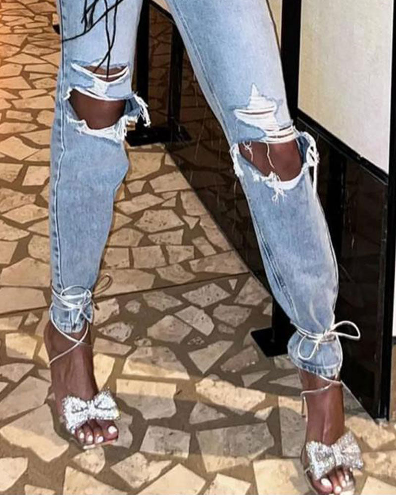 Rhinestone Bow Stunning Square Toe Sandals