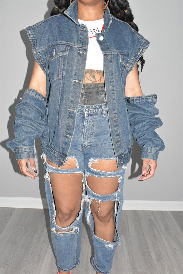 Solid Color Chic Detachable Sleeve Denim Coat