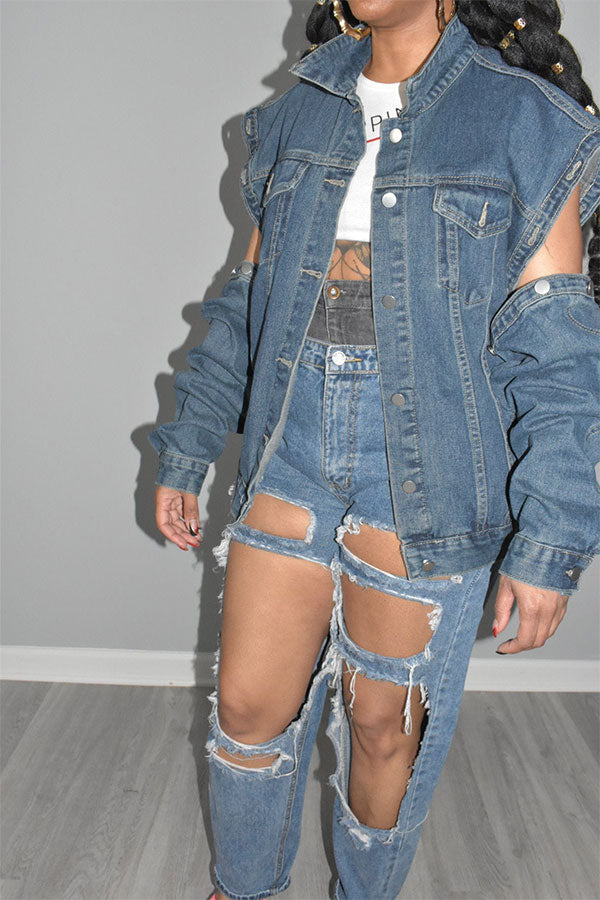 Solid Color Chic Detachable Sleeve Denim Coat
