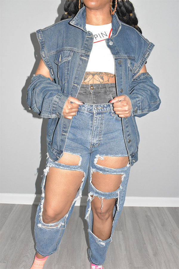 Solid Color Chic Detachable Sleeve Denim Coat